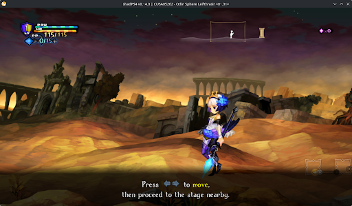 A screenshot of the tutorial stage in Odin Sphere Leifthrasir running in ShadPS4, a PS4 emulator on Linux.