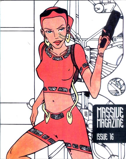 cover with a cool almost art Nouveau retro sci fi space cyberpunk lady with a pistol