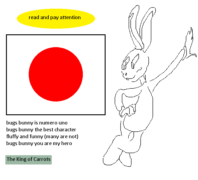 by @virusofminora

read and pay attention

bugs bunny is numero uno
bugs bunny the best character
fluffy and funny (many are not)
bugs bunny you are my hero

the king of carrots