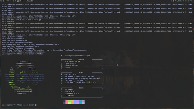 Dwm on VoidLinux, showing the compile window and a fetch in a terminal window. Opacity galore.
