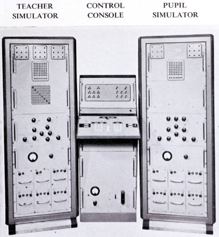 An early machine by Pask was Eucrates (c. 1956), an embodiment of a conversation between machines, where one machine literally 'teaches' the other. 
https://iasl.uni-muenchen.de/links/GCAPDF/GCAPDF-II.3e.html