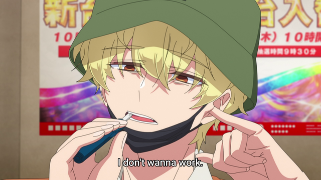 Close-up of Natsuki from « Tamon-kun no B side » in an arcade, vaping and picking his ear, saying « I don’t wanna work »