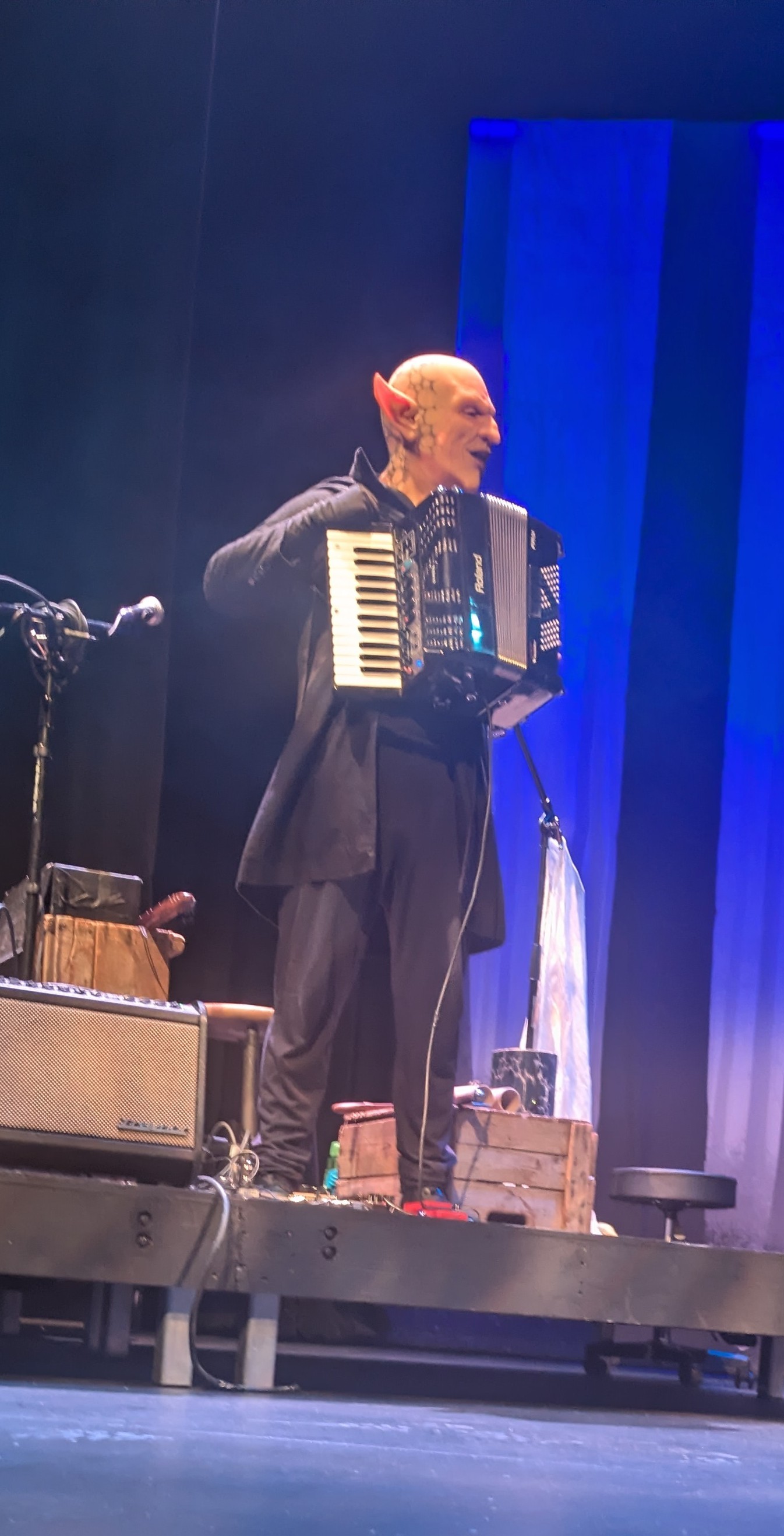 A goblin standing on a stage holding an accordion