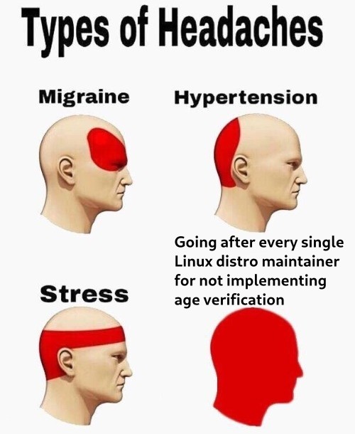Types of headaches: migraine, hypertension, stress, going after every single Linux distro maintainer for not implementing age verification