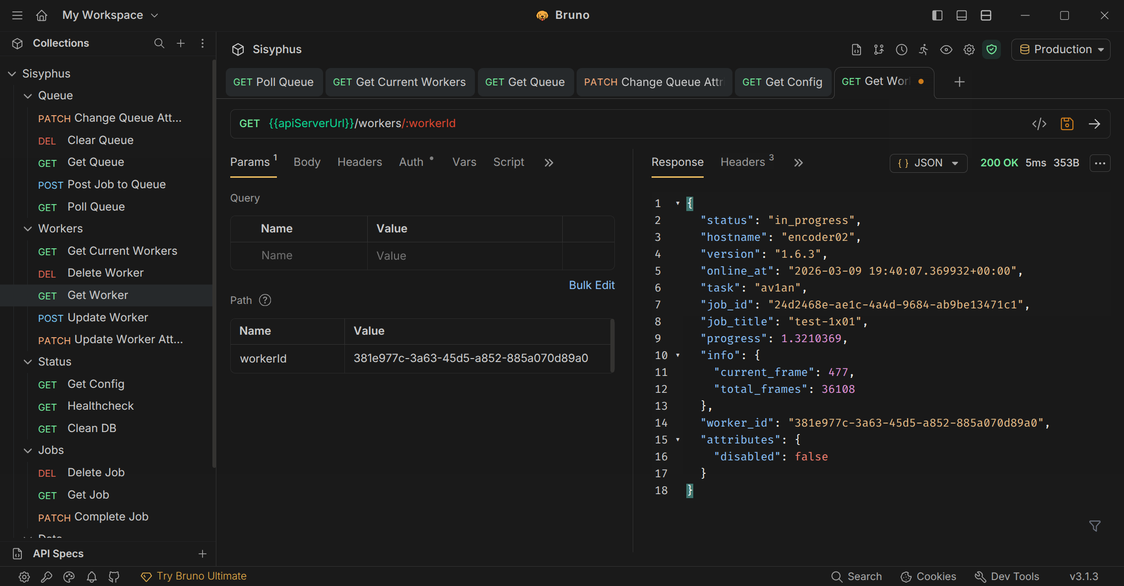 The worker JSON information returned from the server showing that `encoder02` is currently processing a test video using the `av1an` module.