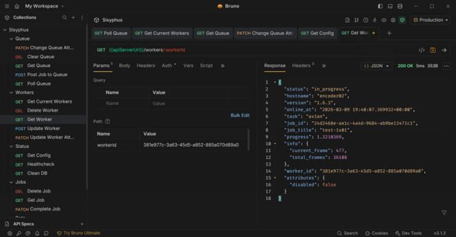 The worker JSON information returned from the server showing that `encoder02` is currently processing a test video using the `av1an` module.