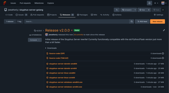 The initial 2.0.0 release of the Sisyphus server on the ol' Forgejo server.  The release shows AMD64 and ARM64 binaries for Windows, Linux, and macOS.