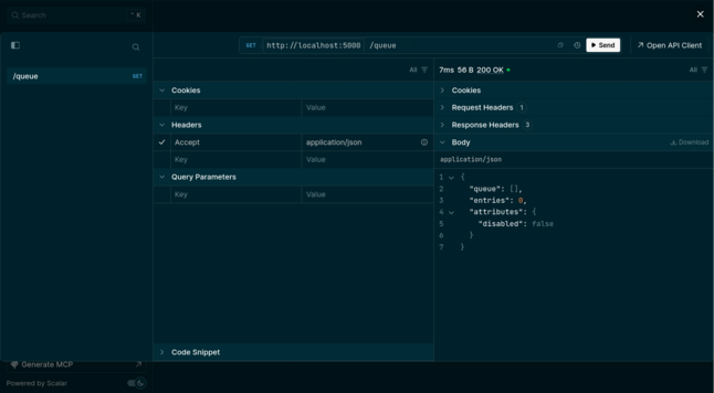 Actually executing the GET request on the `/queue` endpoint.  The page shows the response and a ton of options that I'm kinda digging.