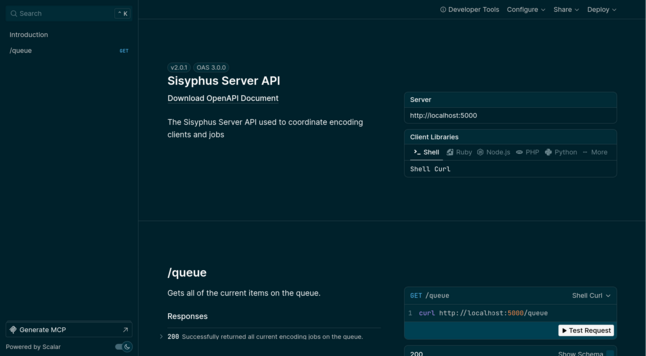 The `/doc` page showing the Sisyphus Server API documentation for v2.0.1.