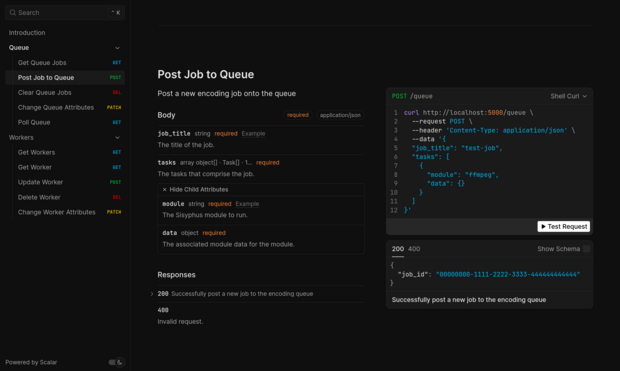 OpenAPI being rendered by Scalar as nice documentation.  Shows the 5 queue routes and 5 worker routes along with model information.