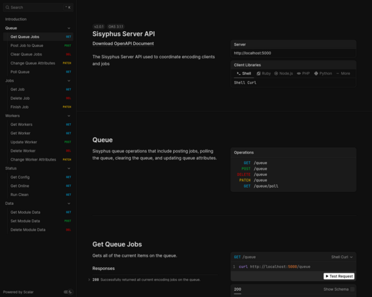 The final Scalar API docs string for Sisyphus showing all of the implemented routes.