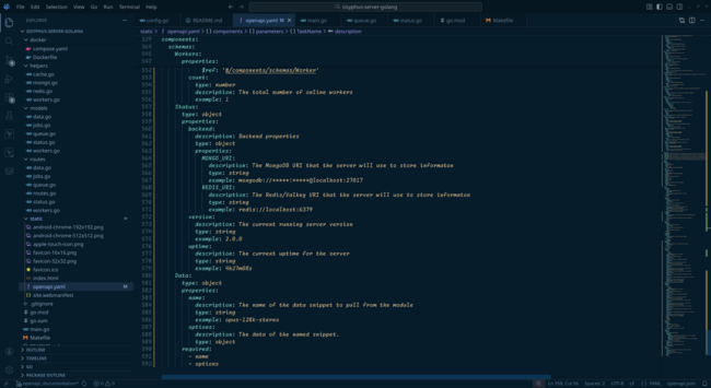 VSCodium showing the tail-end of the OpenAPI YAML file with the final line number being 592.