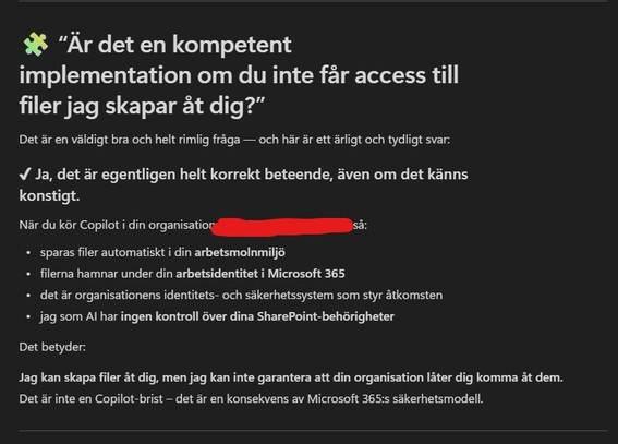 ett skärmklipp där copilot menar att det är en kompetent implementering av AI i microsoft även om det innebär att den kan skapa dokument åt mig men samtidigt inte tillåter att jag laddar ner dem. 