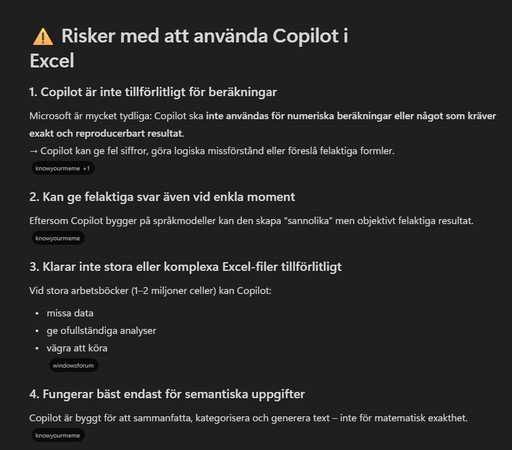 Skärmklipp där copilot explicit avråder från att låta copilot göra matematiska beräkningar i excel eftersom den jobbar med text och språk