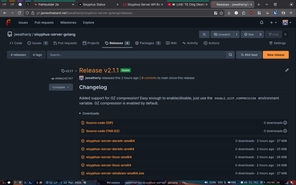 The latest release of the Sisyphus Server (v2.1.1) in my self-hosted Forgejo showing six binaries available for download.