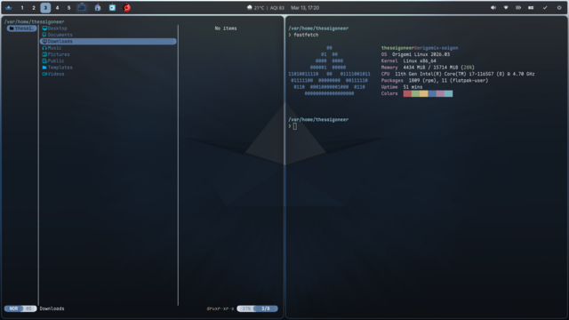 Yazi and a fetch on Origami Linux, running Cosmic