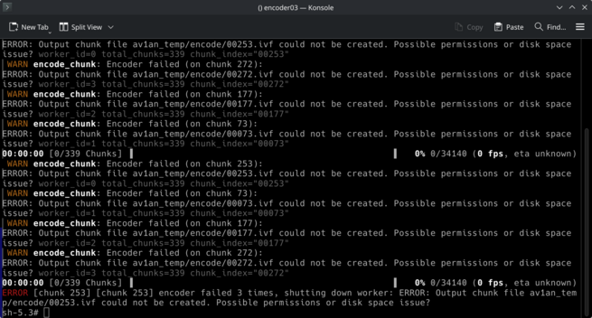 Av1an encoder complaining really loudly that it cannot write the `.iwf` files to the filesystem and exiting the encode.