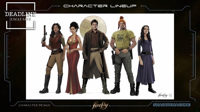 Concept art for the new animated Firefly series showing five of the crew in their classic costumes on a white background. There is a Deadline watermark and the title says Firefly. Book, Wash and the Doc are missing.