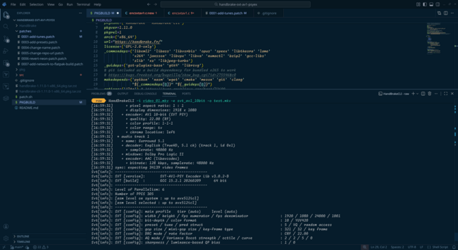 Handbrake running an AV1 encode using the `svt-av1-psyex` encoder.