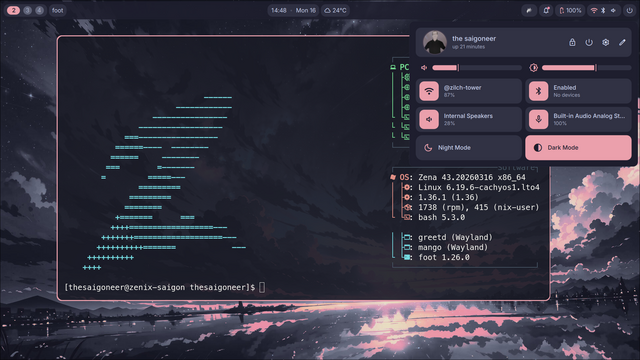 Screenshot of Zena, a bootc-based, immutable Linux desktop. It ships with the Cachy kernel, Niri, MangoWC, and Dank Material Shell.