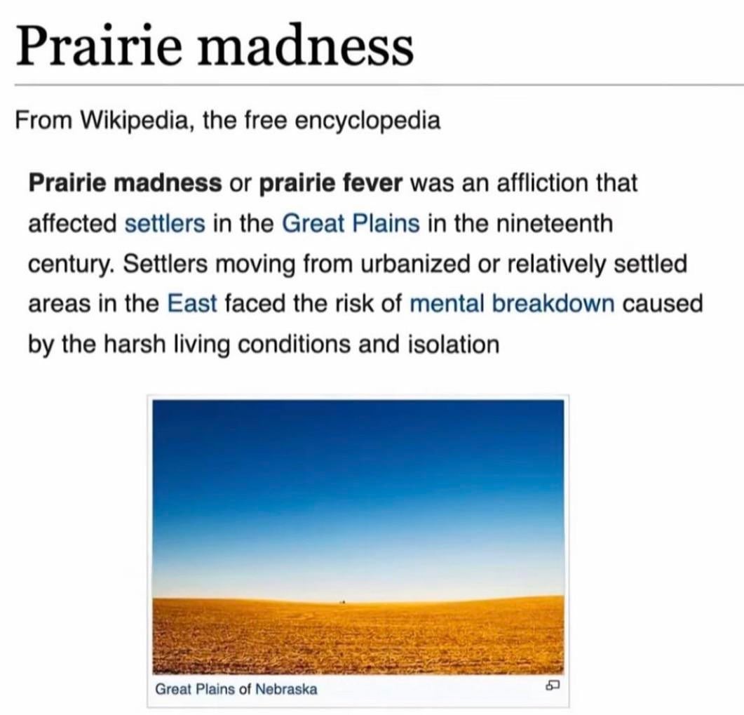 Wikipedia: Prairie madness or prairie fever was an affliction that affected settlers in the Great Plains in the nineteenth century. Settlers moving from urbanized or relatively settled areas in the East faced the risk of mental breakdown caused by the harsh living conditions and isolation.