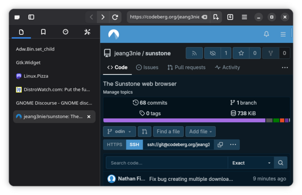 A screenshot of Sunstone web browser displaying the new vertical tab bar feature, with tabs placed into a sidebar pane.