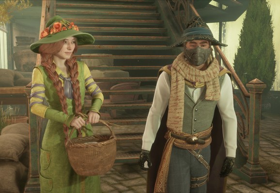 A screenshot from Hogwarts Legacygame, where main character is wearing weird hat and dark mask like from dark character armor, and in black gloves is standing next to pretty girl - teacher of herbology class. She is looking at him, while he seem away lol