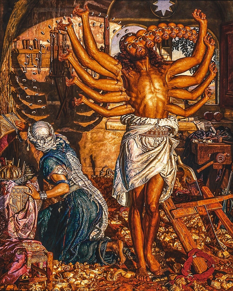 william holman hunt the shadow of death but jesus is going psychedelic many arms eyes faces. if u know who made this edit PLEASE let me know reverse image search completely failed me