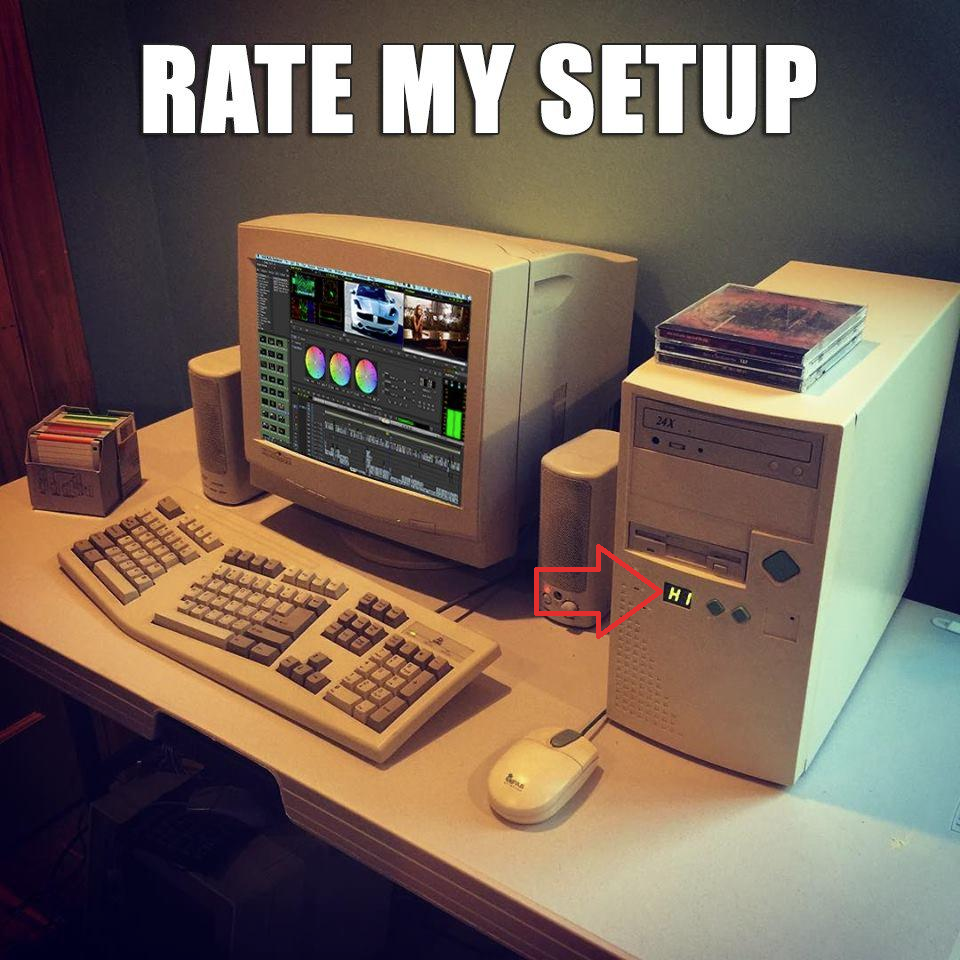 A picture of an old pentium pc with a crt monitor. Text is "rate my setup".

Added red arrow pointing to 2 x 8 segment LED display that spells "HI"
