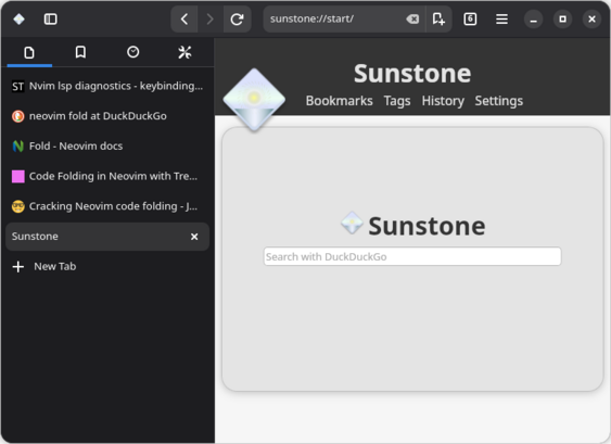 A browser window with vertical tabs displaying the browser's "start" page.
