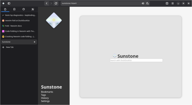 A browser window with vertical tabs displaying the browser's "start" page in a wider format, where the top menu is now a sidebar.