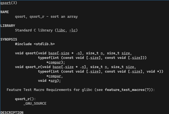 The manpage of qsort, the sorting function in the C standard library.