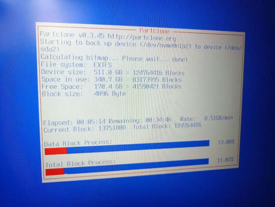 Photo of Clonezilla cloning a disk