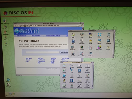 Risc OS desktop running on a Raspberry Pi B