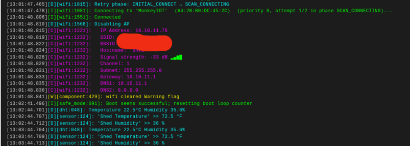 ESP32Home log output showing connected to WiFi and sensor data