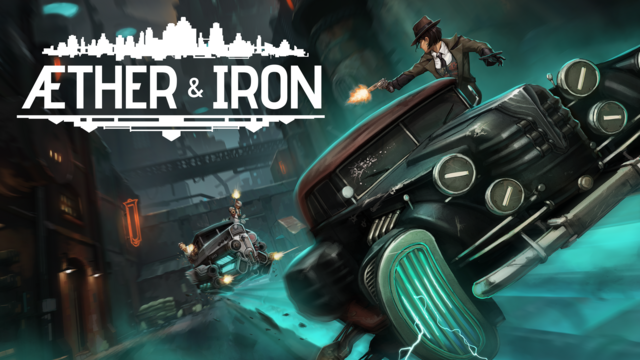 Portada del juego Aether & Iron, una chica disparando desde el asiento del copiloto a unos coches que les persiguen, en estética noir de los 20-30.