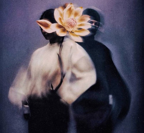 utopian uniform. flower, blurred masked people, light purple backdrop