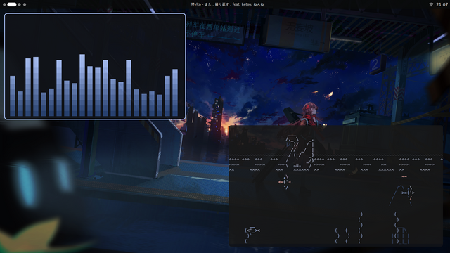 screenshot of a customized linux desktop with a terminal window displaying an audio visualizer in the top left and a terminal window displaying an ASCII aquarium in the bottom right