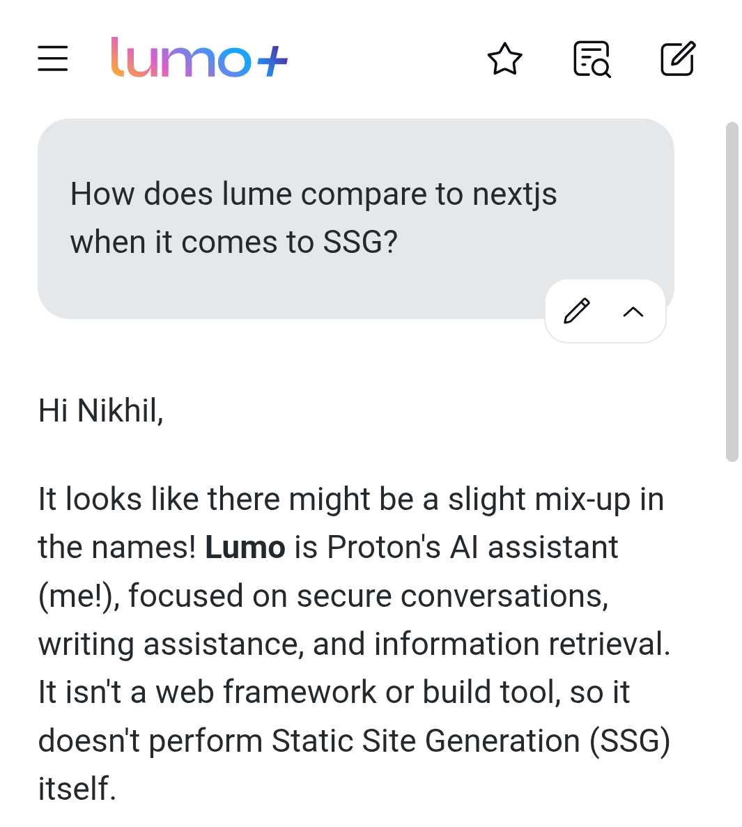 Screenshot of Lumo conversation