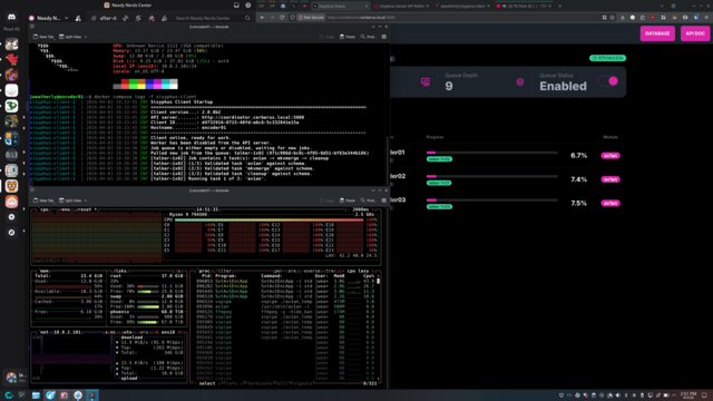 A screenshot of the 2.0.0b2 client running on `encoder01` in two terminal windows.  The top-left window shows the log output of the client, the bottom-left window shows current CPU load via `btop`.  The webpage in the background shows the progress of all the encoder clients and what jobs they're running.