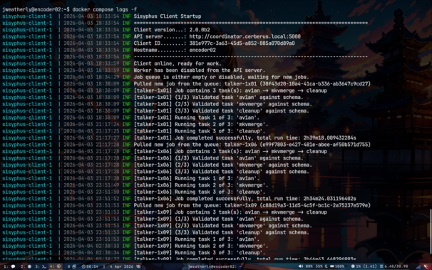 The output of the `2.0.0b2` Golang client just chewing through videos with the `av1an` client.