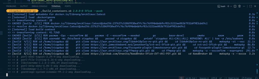 The docker build command continues to compile things...still have to compile Handbrake as well.