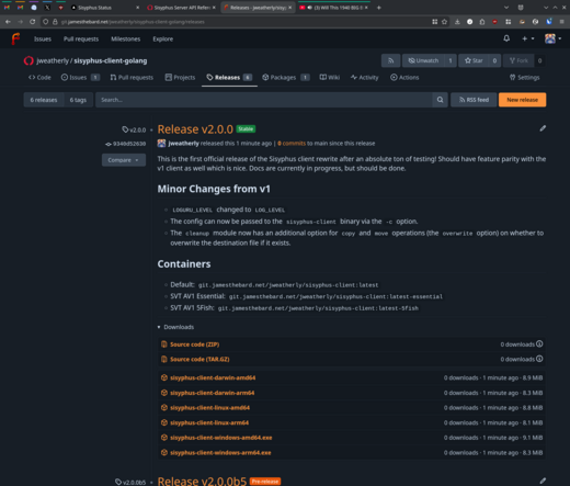 A screenshot of the Sisyphus client releases page showing the 2.0.0 release and all of the containers and binaries available for download.