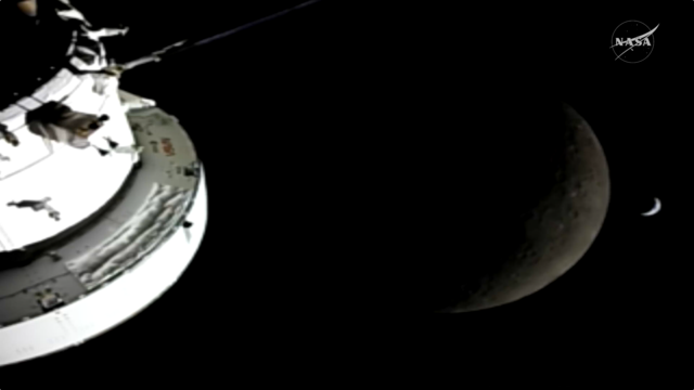 Orion, crescent Moon, crescent Earth
