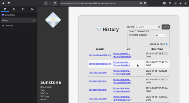 A screenshot of Sunstone browser with a tab displaying a history search