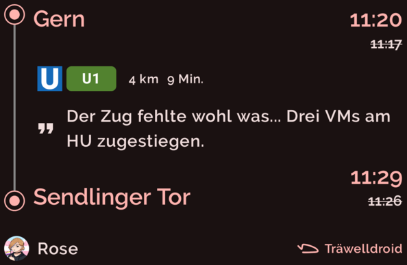 Grafik eines Träwelling Check-Ins von Gern nach Sendlinger Tor mit Notiz: Dem Zug fehlte wohl was... Drei Verkehrsmeister am Hauptbahnhof unten zugestiegen.