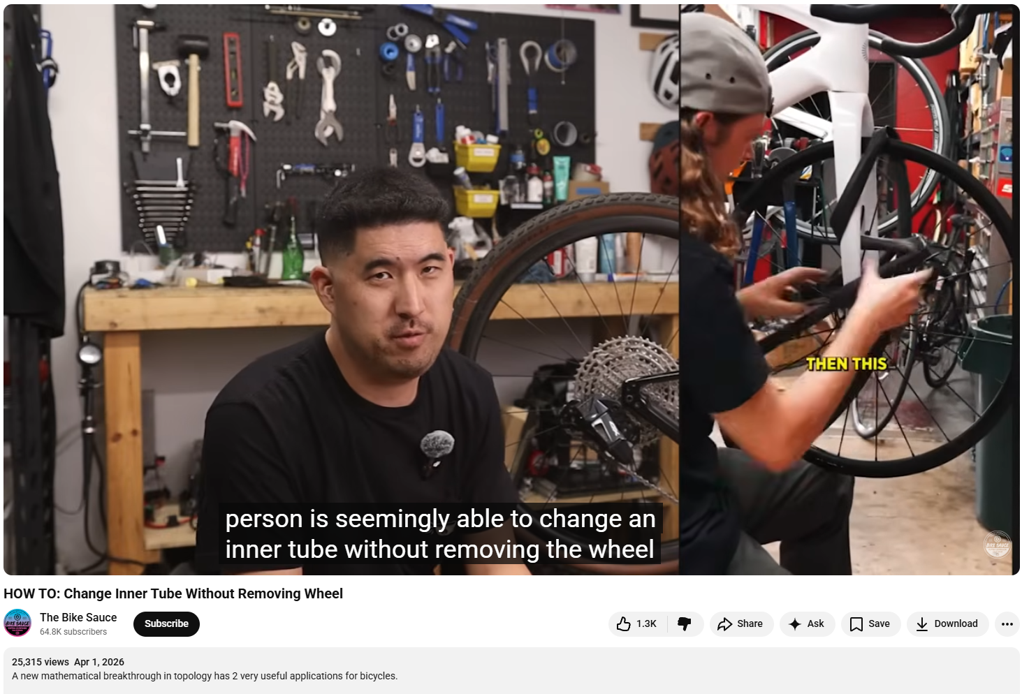 HOW TO: Change Inner Tube Without Removing Wheel

"person is seemingly able to change an inner tube without removing the wheel." 
A new mathematical breakthrough in topology has 2 very useful applications for bicycles. 

Posted 4/1/2026