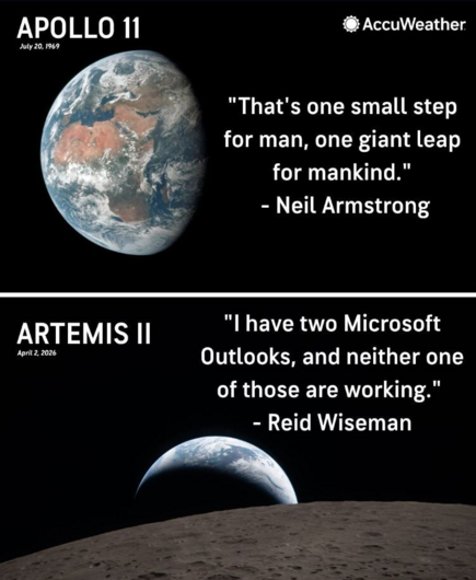 Image showing two views of earth from the moon. First is  from Apollo 11 and says "One small step for man, one giant leap for mankind" - Neil Armstrong. The second is from Artemis II and says "I have two Microsoft Outlooks and neither one of those are working" - Reid Wiseman