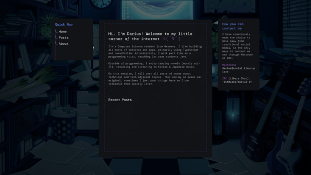 A screenshot of a website mockup for a personal website. ASCII art aesthetic, monospace font, one main panel in the middle with text and small box to the left and right.