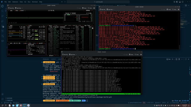Another compiling run on a bunch of Arch packages.  Three terminal windows open, one showing btop output on the build VM, one showing currently compiled Arch Linux packages, and one showing the compilation output in a tmux window.  The background is VSCodium just kinda hanging out.